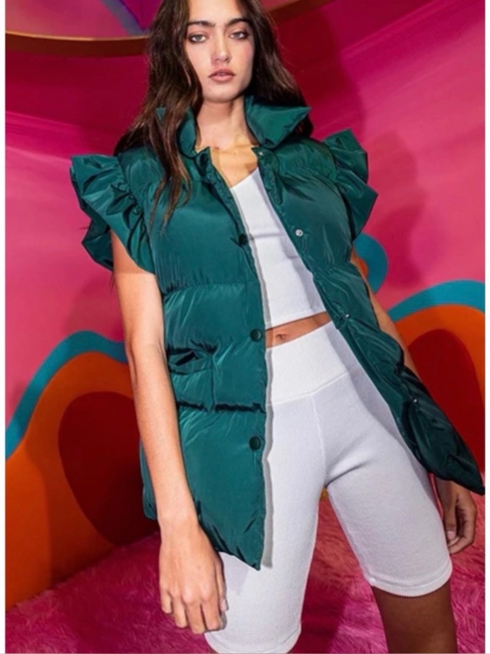 BUCKETLIST Forest Green Ruffled-Sleeve Puffer Vest